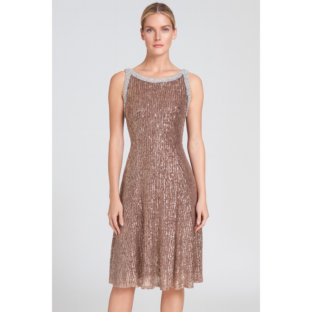 NWT Ieena Mac Duggal 56212 Sequin Beaded Trim Sleeveless Dress Rose Gold sz 2